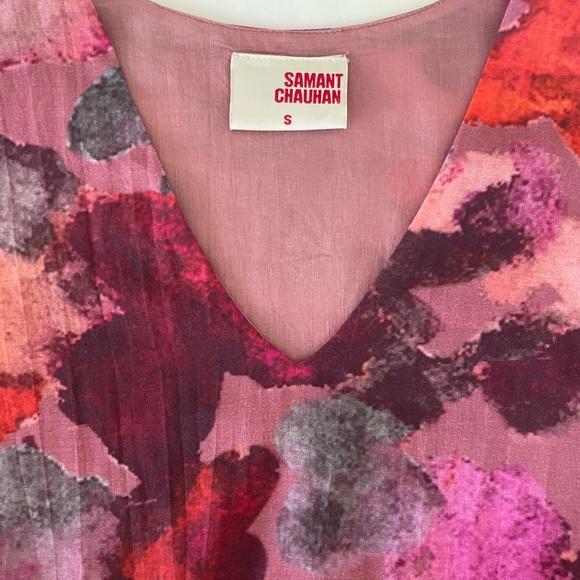 Anthropologie Samant Chauhan Dress Clemencia Midi Red Pink Floral Tiered Small - Picture 2 of 6